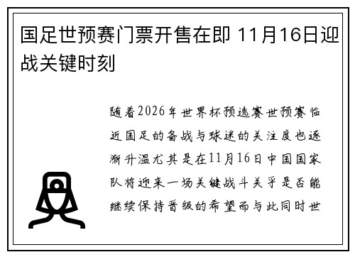 国足世预赛门票开售在即 11月16日迎战关键时刻